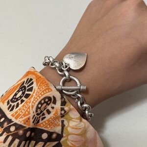 Vintage Sterling Heavy Rolo Bracelet With Heart Engraved Charm